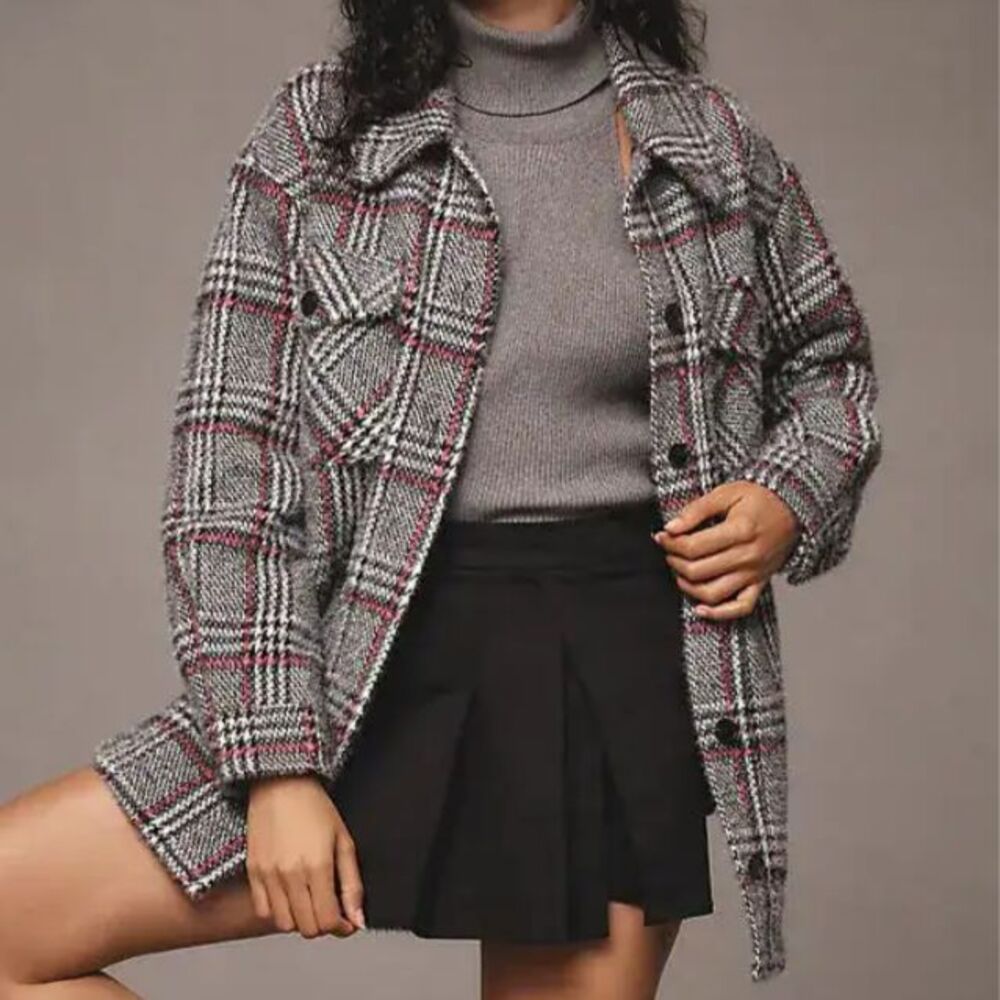 Greylin Anthropologie Plaid Fuzzy Knit Jacket Grey Pink Button Front Shacket S